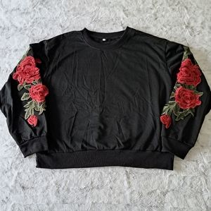Shein Black Floral Red Rose Crewneck Gothic Feminine Sweatshirt. Size Large